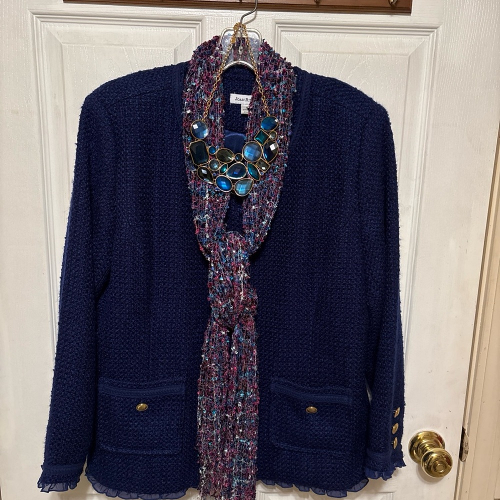 Women’s Joan Rivers blazer/ jacket size 16 royal blue matching necklace and scar